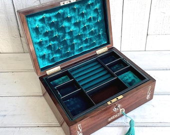 Antique rosewood and mother of pearl jewelry box , turquoise, teal,wedding box, bride, velvet lined jewelry box, antique wooden jewelry box,