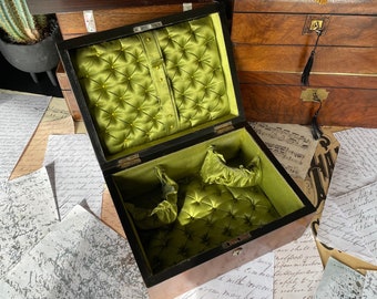 Antique English sewing box, green silk box, collectors box, trinket  box, treasure box, vintage wooden box, haberdashery, needlework