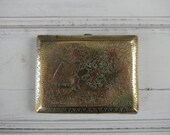Antique Indian hand carved cigarette case, card case, nickel silver and enamel, elephant and tiger engraving