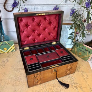 Antique English tunbridge marquetry banding inlaid jewellery box, red silk and velvet, trinket  box, treasure box, Victorian wooden box