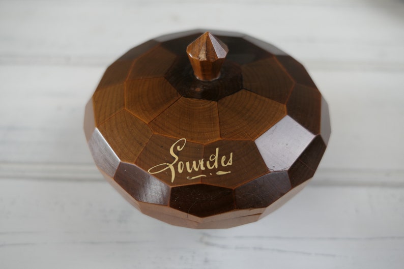 collectible religious trinket dish. Vintage French turned and carved wooden box Lourdes souvenir