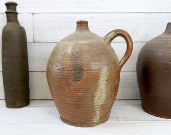 Antique French stoneware oil pot with handle, primitive pottery, handmade rustic pottery, large vintage garden pot, rustic kitchen decor