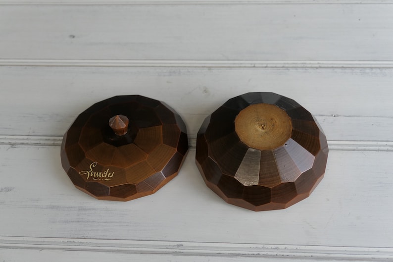 collectible religious trinket dish. Vintage French turned and carved wooden box Lourdes souvenir