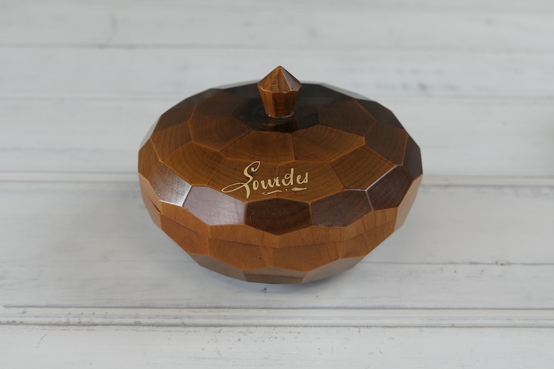 collectible religious trinket dish. Vintage French turned and carved wooden box Lourdes souvenir