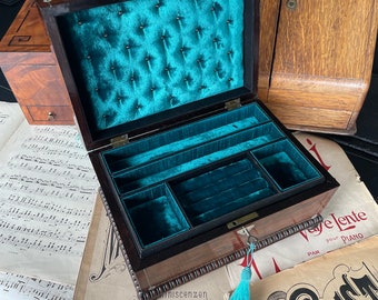 Antique rosewood and mother of pearl jewelry box , turquoise, teal,wedding box, bride, velvet lined jewelry box, antique wooden jewelry box,
