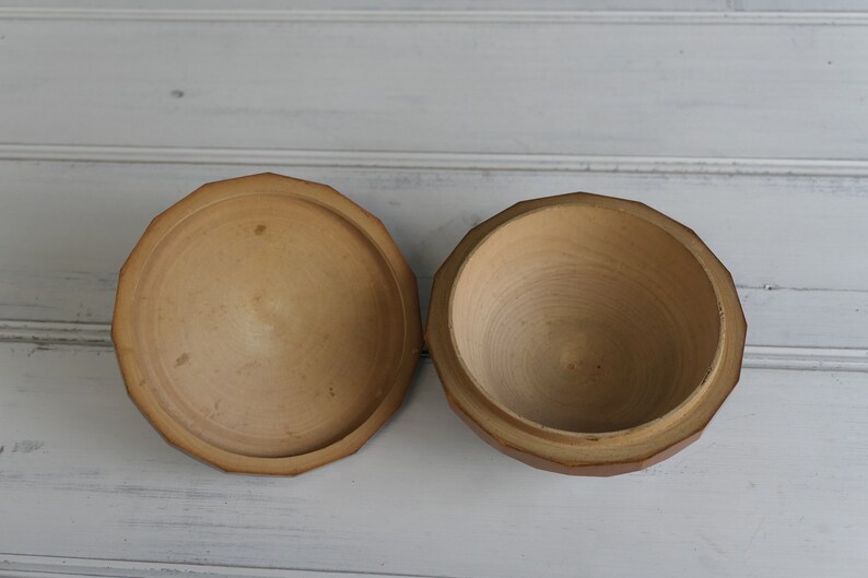 collectible religious trinket dish. Vintage French turned and carved wooden box Lourdes souvenir