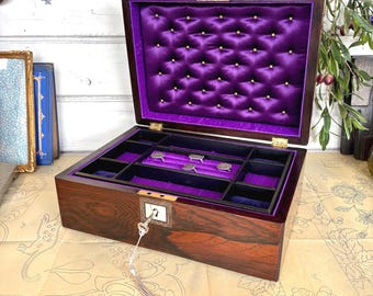 Antique Victorian rosewood and mother of pearl jewelry box with lock and key,  purple jewelry box, purple velvet vintage jewellery box
