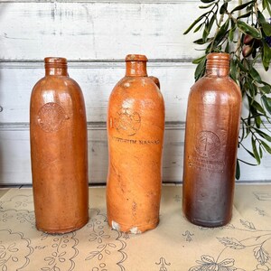 Antique stoneware bottles x 3 , liquor,  collectible bottles. Rustic decor. vintage clay bottles, antique saltglazed water bottles