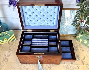 Antique Victorian rosewood and mother of pearl jewelry box with lock and key, side drawer,  jewellery box, pale blue velvet and silk lined