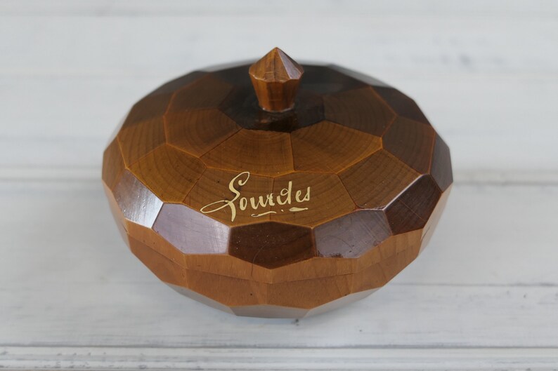 collectible religious trinket dish. Vintage French turned and carved wooden box Lourdes souvenir