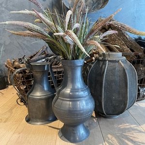 French antique large pewter acorn pitcher with lid, vintage pewter pitcher, antique pewter measuring jugs, rustic display