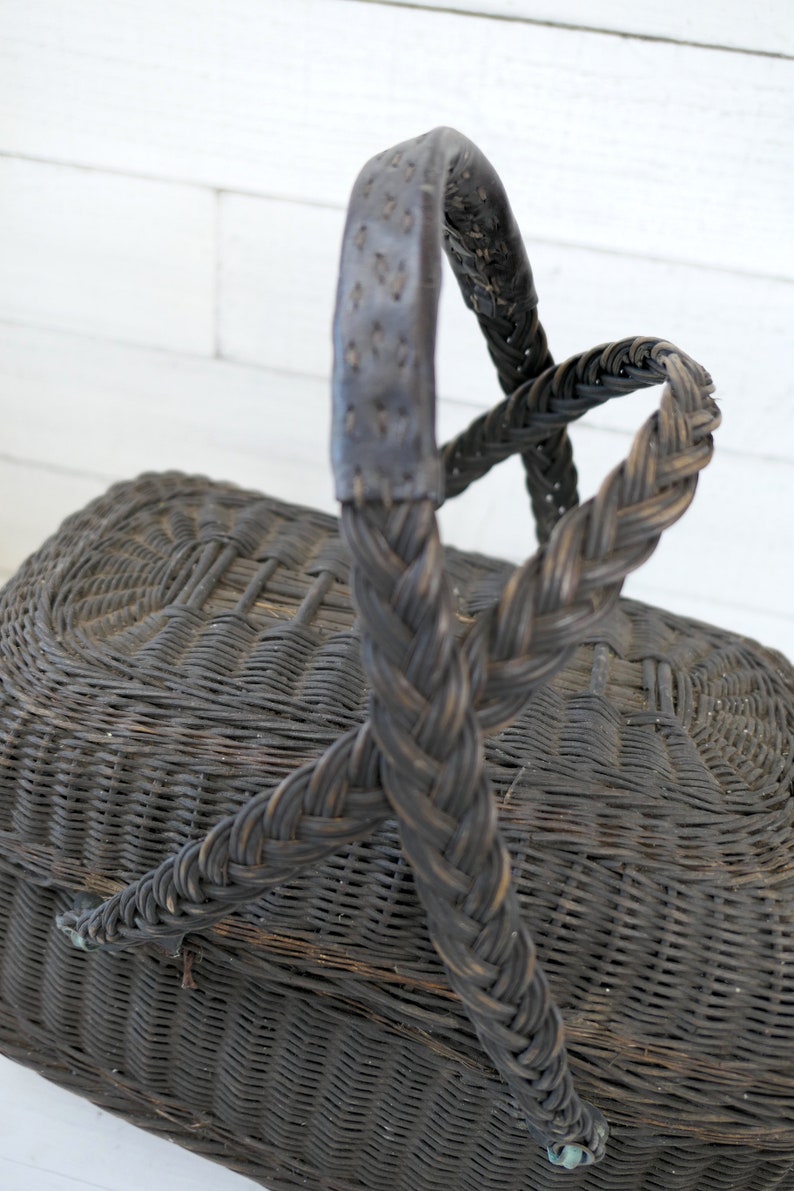 Antique French black wicker basket with lid and handles | Etsy