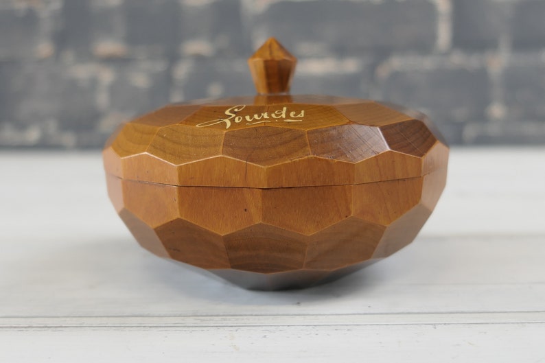 collectible religious trinket dish. Vintage French turned and carved wooden box Lourdes souvenir