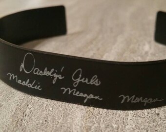 Engraved Cuff Bracelet, Handwritten Laser Engraved Bracelet, Men&#39;s Bracelet - For Him, Black Metal Bracelet, Black Cuff, Cuff Bracelet