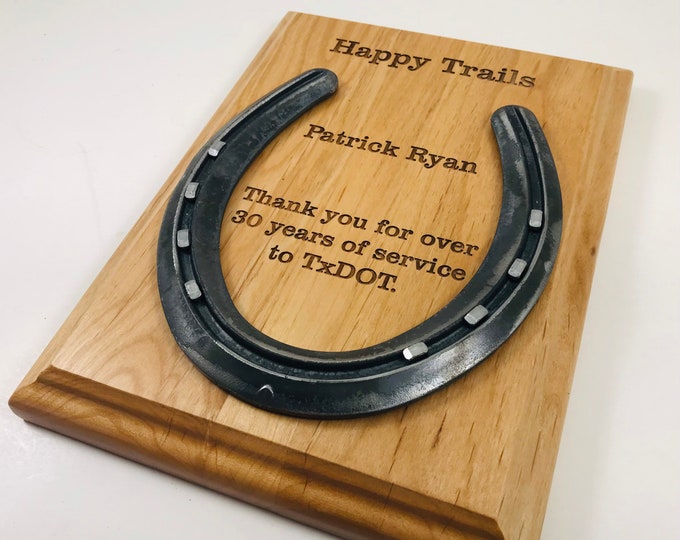 Horseshoe art, Custom Wood Horseshoe Plaque, Anniversary horseshoe, Personal Retirement Plaque, Hanging Plaque, engraved horseshoe