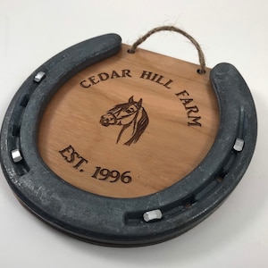 Personalisiertes Hufeisen, graviertes Hufeisen, Geschenk für neues Zuhause, Einweihungsgeschenk, individuelles Hufeisen, etabliertes Geschenk, Geschenk mit Bauernhofnamen, Pferd