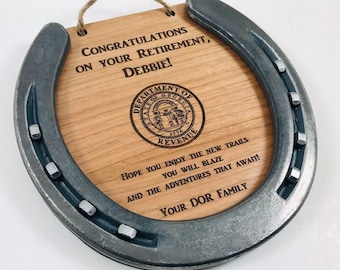 Retirement plaque, teacher retirement, appreciation gift, corporate plaque, award, engraved plaque, horseshoe retirement, professor Gift