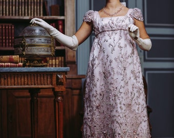 Made to order - Bridgerton Regency Jane Austen pearl and strass evening silk dress