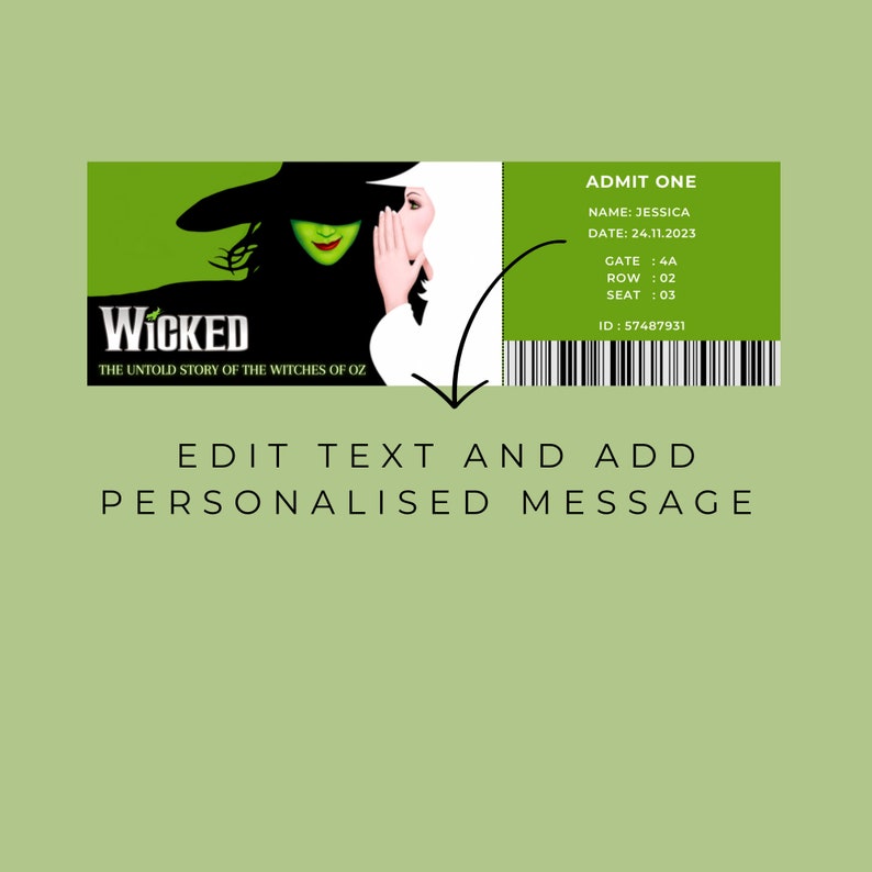 WICKED THEATRE TICKET, Digital Download, Editable Template, Print At Home image 2