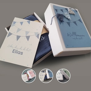 Set regalo neonato personalizzato confezione regalo 3 pezzi, cartoncino e panno in mussola - dolce idea regalo nascita con ghirlanda, regalo nascita