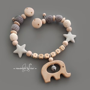 Kinderwagenketting met naam - olifant/ster, grijs