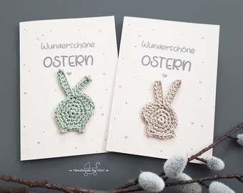 Niedliche Klappkarten mit gehäkeltem Osterhasen - Osterkarte A6 mit Umschlag, Ostergrußkarte, Frohe Ostergrüße in zwei Farben