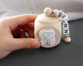 Personalisierte Milchzahndose aus Holz mit gehäkeltem Zahn - Einzigartige Geschenkidee für Kleinkinder, Zahndose, Dose für Milchzähne