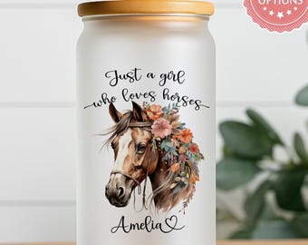 Personalized Horse Cup, Frosted Glass Tumbler With Straw, Custom Name, 5 Floral Horse Options, Cowgirl Gift