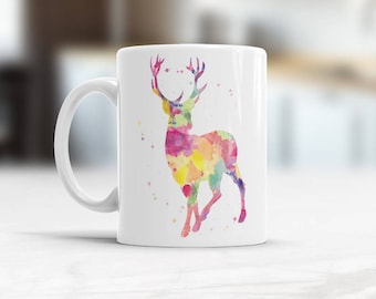 Mug Deer, Mug Stag, Coffee Mug, Ceramic Mug, Animal Mug, Antlers Mug, Deer Hunter Gifts, Watercolor animal, Nature cup, hunting mug