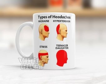 Funny Gifts For Parents Who Have a Teen Daughter, Funny Present for Doctor Neurologist, Types of Headaches, Antistress coffee mug Mothers