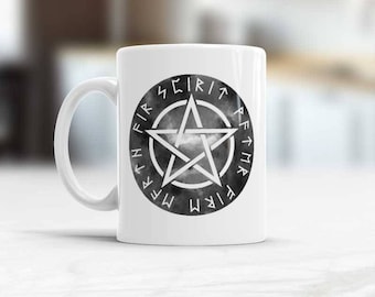 Witchcraft Mug Pentagram Esoteric coffee mug, Mystic symbol Ceramic Coffee Cup Pentagram with text "spirit water fire earth air" using Runes