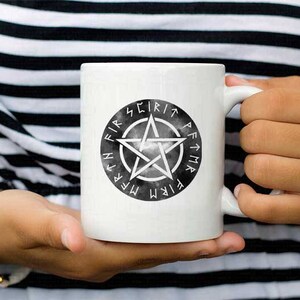 Witchcraft Mug Pentagram Esoteric coffee mug, Mystic symbol Ceramic Coffee Cup Pentagram with text spirit water fire earth air using Runes image 3