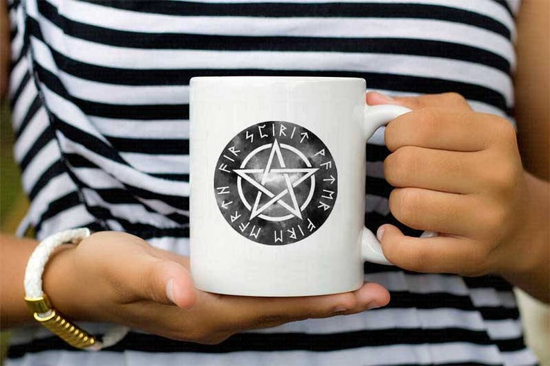 Witchcraft Mug Pentagram Esoteric coffee mug, Mystic symbol Ceramic Coffee Cup Pentagram with text spirit water fire earth air using Runes image 3