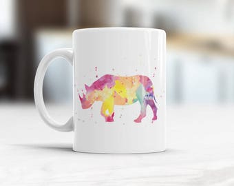 Rhino Mug Rhinoceros Watercolor Ceramic Coffee Mug, Animal Tea Cup, Art Illustration Cool Kitchen Art Printed Rhino Birthday Present for him