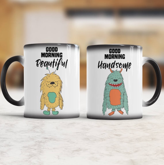 Guten Morgen, hübsche schöne Tasse, lustige Paartassen für Mann und Frau, 11 Unzen Farbwechsel oder weiße Keramik Kaffee Tee Set mit 2 Tassen