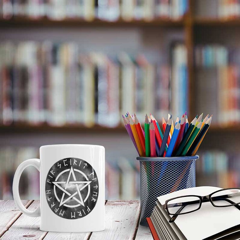 Witchcraft Mug Pentagram Esoteric coffee mug, Mystic symbol Ceramic Coffee Cup Pentagram with text spirit water fire earth air using Runes image 2