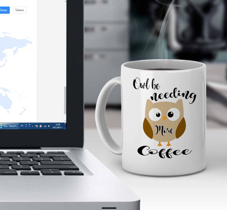 May include: White ceramic coffee mug with a brown owl illustration and the text "Owl be needing more coffee".