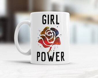 Feministische Becher Girl Power weiß Keramik Kaffee Tee Tasse mit Aquarell-Rose Dekoration und Text, Frauenbewegung, präsentieren Valentines für Sie