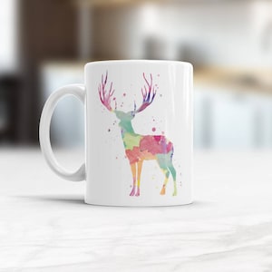 Cute Deer Mug Watercolor Ceramic Coffee or Tea Mug Deer Coffee Mug Animal Watercolor Deer gift for him, gift for son, antler mug for him