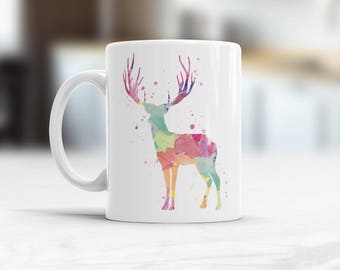 Cute Deer Mug Watercolor Ceramic Coffee or Tea Mug Deer Coffee Mug Animal Watercolor Deer gift for him, gift for son, antler mug for him