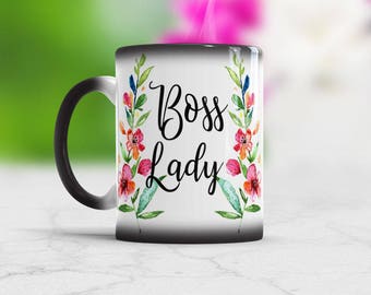 Boss Gifts For Women, Boss Woman Cup Color Changing Coffee Mug with watercolor flowers, Home Office cup, Boss Lady Mothers day Gift for mom