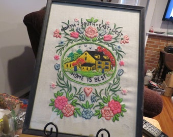 Antique Crewel &Embroidery Home Is Best About 17X 13" Bright Colors