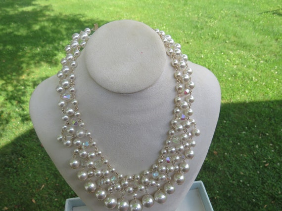 1970s Napier Faux Pearl Crystal Cluster Necklace … - image 4