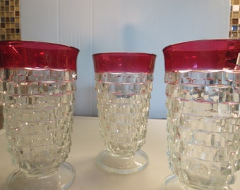 Fostoria Ice Cube Cranberry Edge Goblets 6"/Pressed Base