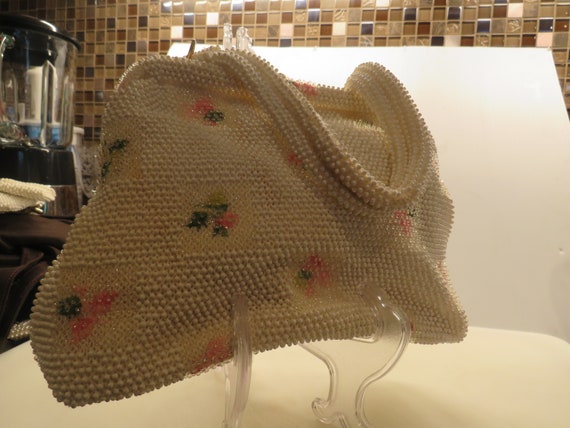 Vintage Elbief Hand Bag Beaded With Pink Flowers/… - image 2