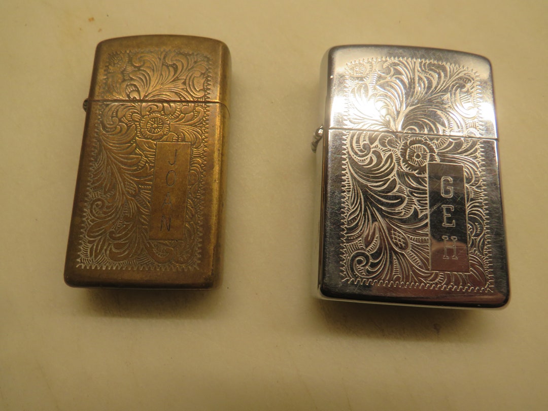 Two Ornate Zippo Cigarette Lighters One Brass One Silvertone Etsy