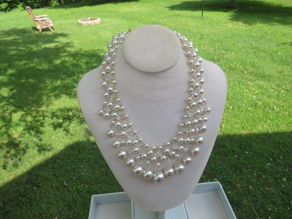 1970s Napier Faux Pearl Crystal Cluster Necklace … - image 1