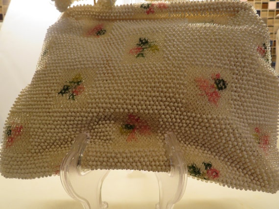 Vintage Elbief Hand Bag Beaded With Pink Flowers/… - image 1