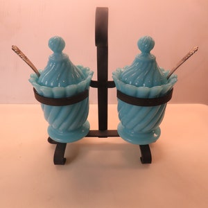 2 Blue French Portieux Jam Condiment Jars/Stand