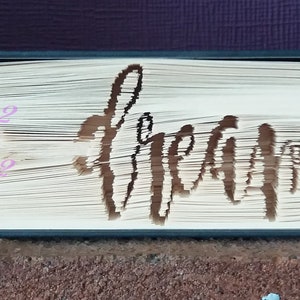 May include: A book with the word "Dream" folded into the pages. The book is closed and has a black cover.